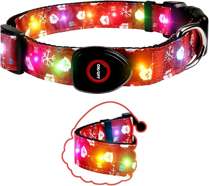 Christmas Light Up Dog Collar, LED Dog Collar Glow in The Dark - USBC Rechargeable, 3 Flashing Modes, Fashionable Cute Glowing Dog Light Up Collars for Medium Large Dogs, Santas M
