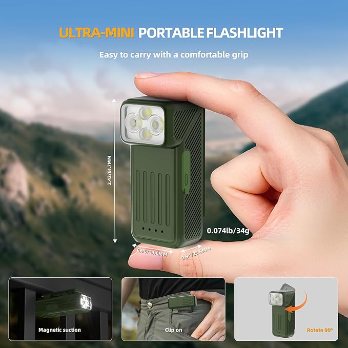 EDC Flashlight Rechargeable Clip-On Light with 90° Rotatable Head, 200-Lumen Mini Flashlight Hands-Free Pocket Light, with 10 Lighting Effects, Magnetic for Camping, Emergency, Running