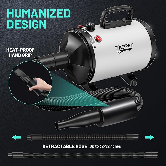 Dog Dryer High Velocity Dog Hair Dryer 5.2HP/3800W, Stepless Adjustable Speed Temperature Dogs Grooming Blow Dryer, Pet Dryer with 4 Nozzles,Blow Dryer for dogs, White