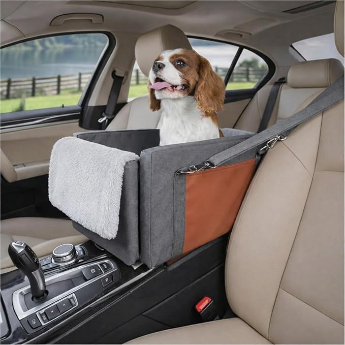 Avont Dog Car Seat for Small Dogs, Anti-Anxiety Center Console Booster Seat with Safety Straps, Soft Padded Travel Seat for Small Dogs & Cats up to 8 lbs -Dark Grey