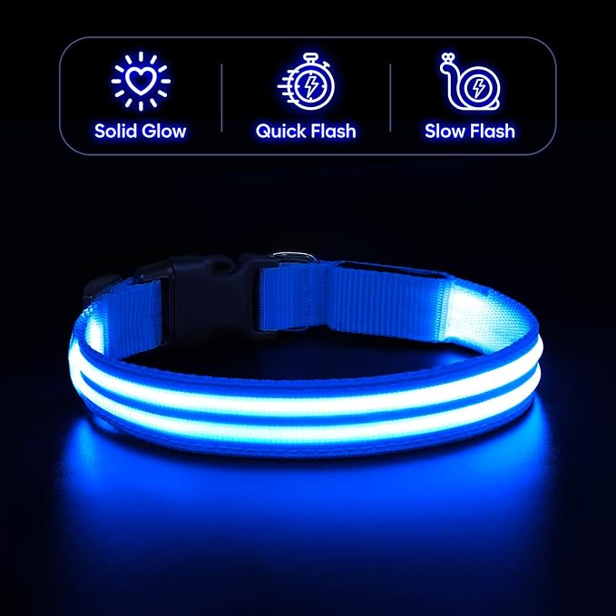 BSEEN Light Up Dog Collar, LED Dog Collar Rechargeable Reflective Puppy Collar Adjustable Pet Necklace Safety Dog Lights for Night Walking (Blue, Small)