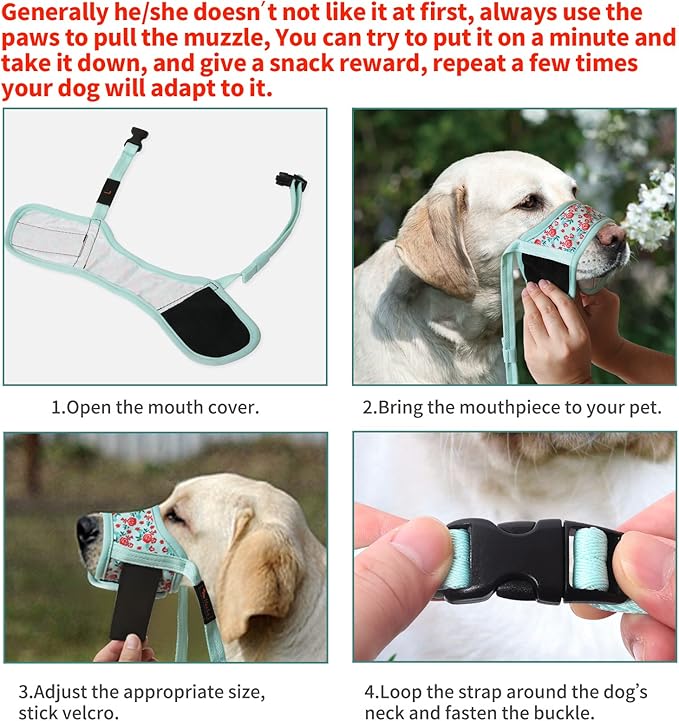 HEELE Dog Muzzle,Soft Nylon Muzzle Anti Biting Barking Chewing,Air Mesh Breathable Drinkable Adjustable Loop Pets Muzzle for Small Medium Large Dogs 4 Colors 4 Sizes (P-Cyan Flower, L)