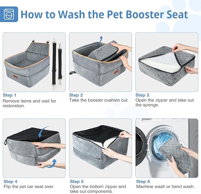 Dog Car Seat for Small Medium Dogs, Memory Foam Dog Booster Car Seat for Pets Under 35 lbs, Anti-Slip Pet Carseat with 2 Adjustable Leashes, Elevated Dog Travel Bed with Storage Pockets