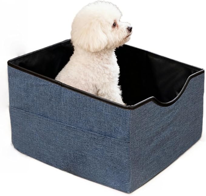 Portable Foldable Cat Dog Car Seat for Small Dogs Spacious Travel Bed with Clip-On Safety Leash Comfy Carseat with Storage Pockets Cat Puppy Car Travel Carrier Bed (Blue)