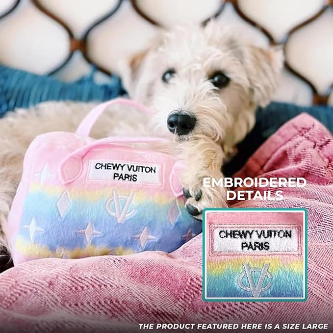 Haute Diggity Dog Pink Ombre Chewy Vuiton Handbag, Plush Designer Dog Toys with Interactive Squeaker, Stimulating Pet Enrichment, Machine-Washable & Safe Materials for All Breeds, Size Large