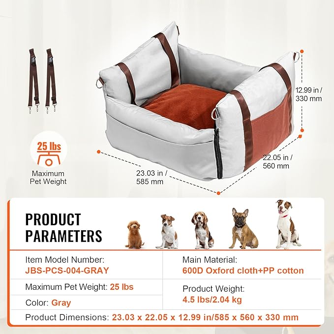 Happybuy Dog Car Seat, Waterproof Dog Booster Seat for Car with Side Handles and A Storage Pocket, Clip-On Safety Leash and PP Cotton Filling, Dog Car Bed for Small Dog up to 25lbs, Gray