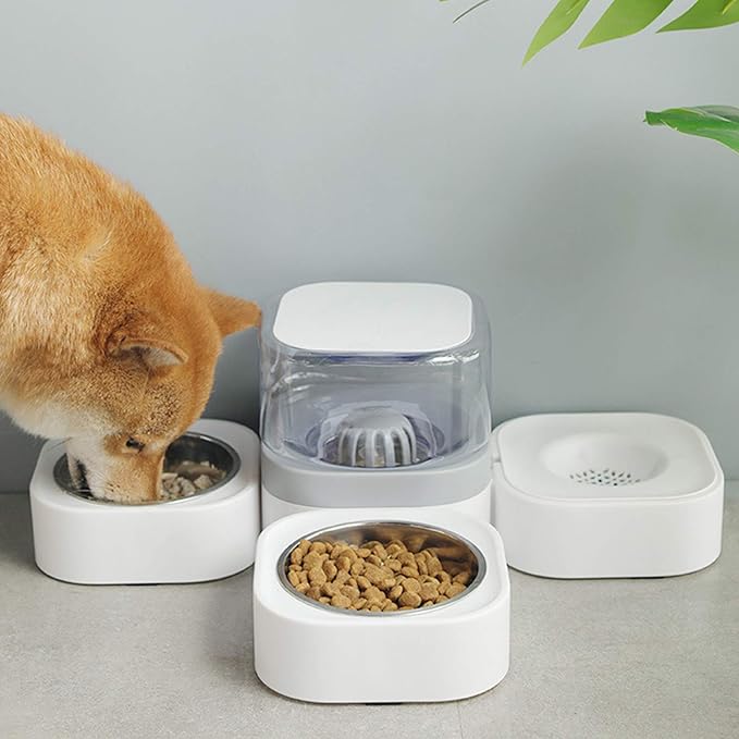 2 in 1 Pet Automatic Water Dispenser and Food Bowl Set, Durable & Detachable Stainless Steel Feeder Bowl,No-Spill Self-Dispensing Gravity Waterer for Small Dogs and Cats1.8L
