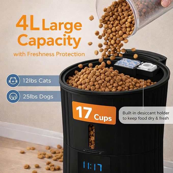 Simple Deluxe Automatic Cat Feeder, Wi-Fi - 4L Dry Food Dispenser for Cat and Dog with APP Control | 10 Meals | 10s Voice Recorder | Programmable 50 Portions | Dual Power Supply | Desiccant Bag, Black