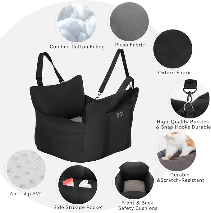 Small Dog Booster Seat - Waterproof Dog Booster Seat for Car with Storage Pockets, Clip-On Safety Leash and Thickened Memory Foam Filling, Puppy Car Seat Do Up to 25lbs, Black
