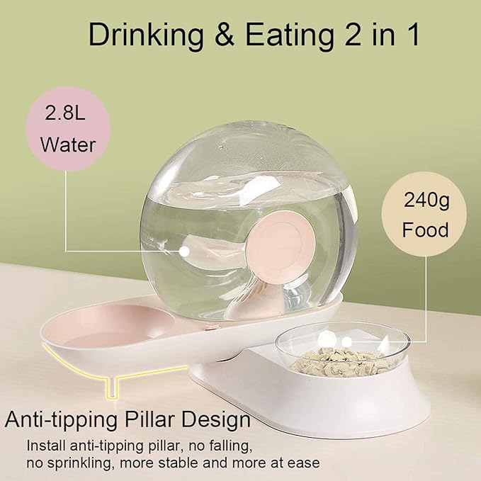 2 In1 Automatic Cats Dogs Water Dispenser Pet Food Bowls Set,No-Spill Dog Water Bottle & Dish Detachable Transparent Pet Feeder for Small Medium Size Dog Cat 2.8L