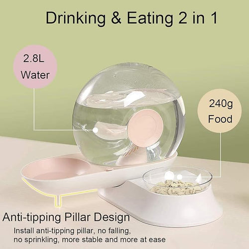 2 In1 Automatic Cats Dogs Water Dispenser Pet Food Bowls Set,No-Spill Dog Water Bottle & Dish Detachable Transparent Pet Feeder for Small Medium Size Dog Cat 2.8L