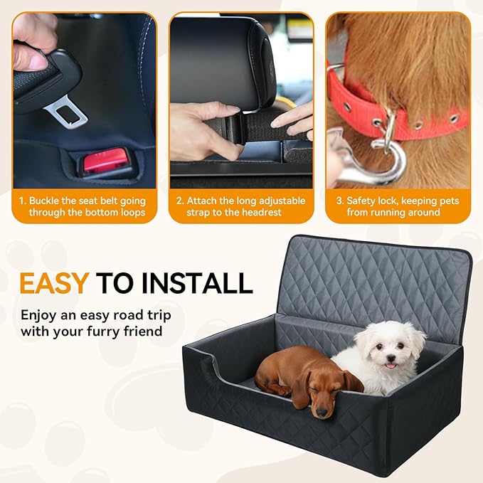 Dog Car Seat for Large Medium Dogs, Dog Booster Seat for 2 Small Dogs Memory Foam, Travel Safe Bed with Safety Belts Detachable Washable, Anti-Slip Base