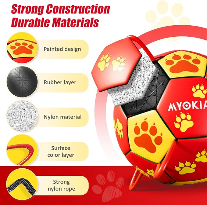 Size 3 Dog Soccer Ball with Straps Durable Training Ball for Pets Interactive Outdoor Dog Toy, Red & Yellow, Paw Prints Design, for Medium & Large Dogs' Playtime