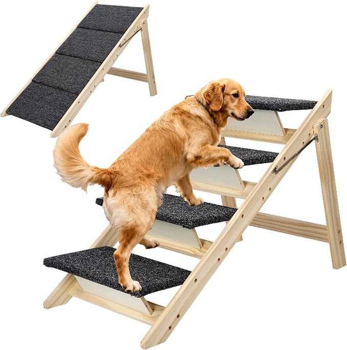 Foldable Dog Stair 2-in-1 with 4 Steps, New Zealand Pine Frame and Non-Slip Carpet Suitable for High Beds, Car,Couch, Durable Wooden Pet Stairs for Small Medium and Large Dogs, No Assembly Required