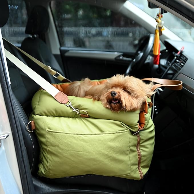 Dog Car Seat for Small & Medium Dogs - 3 in 1 Waterproof Soft Leather Dog Bed for Car with Harness Clip, Travel Bed & Carrier Bag for Pets, Fits Pets Up to 35 lbs (Green, Small & Medium)