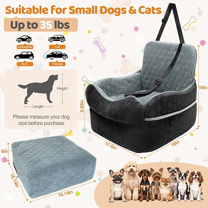 Dog Car Seat for Small/Medium Dogs - Puppy Car Seat Under 35 lbs with Thick Elevated Cushion & Safety Belt for Travel - Detachable & Washable Dog Booster Seat with 2 Sides Storage Pockets(Black/Gray)