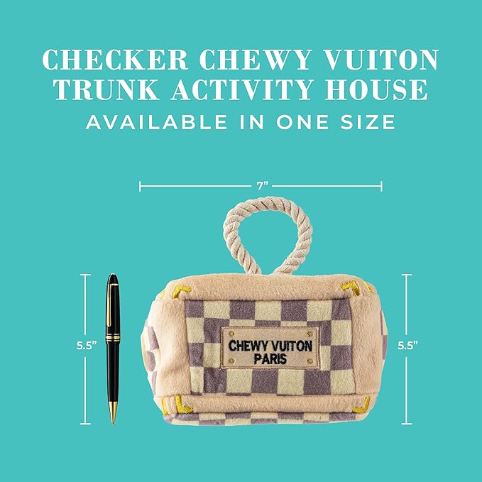 Haute Diggity Dog Checker Chewy Vuiton Trunk Activity House, Plush Designer Dog Toys with Interactive Squeaker, Stimulating Pet Enrichment, Machine-Washable & Safe Materials for All Breeds, One Size