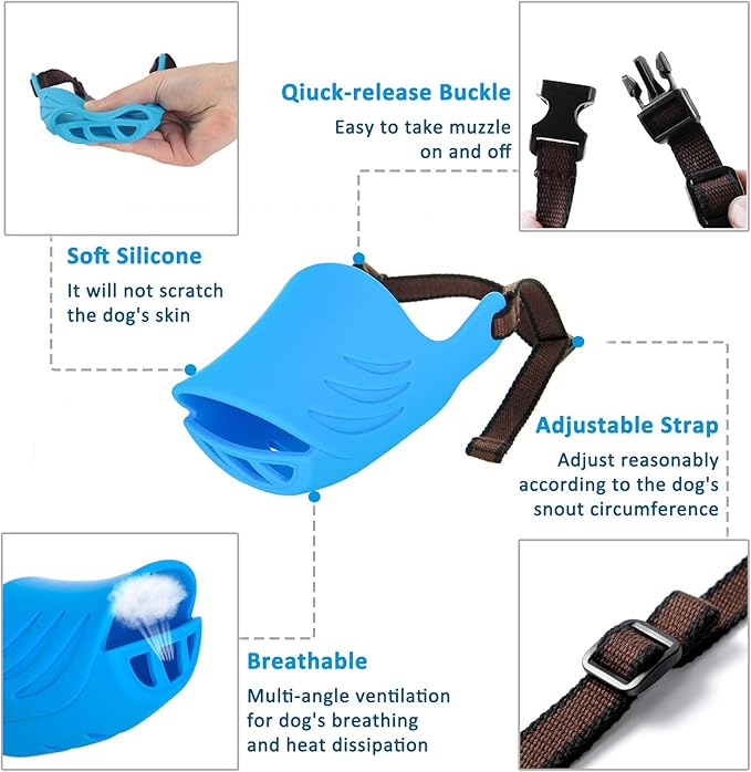 Dog Muzzle, Soft Duck Silicone Mouth Cover with Adjustable Strap for Small Medium Dogs, Best to Prevent Barking, Biting, and Chewing(Blue,M)