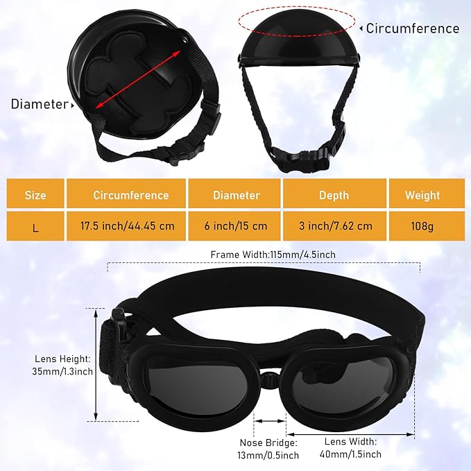 Frienda Dog Helmet and Goggles, UV Protection Doggy Sunglasses and 4 Inch Padded Puppy Motorcycle Helmet Adorable Dog Goggles with Adjustable Belt for Small Dogs Puppy Riding(Black,L)