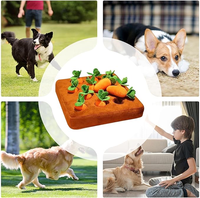 Snuffle Dog Toy - Interactive Feeding Puzzle with 12 Carrots | Plush Nose Work Mat for Mental Stimulation Brain Training Enrichment Activity for Puppy Rabbit Chinchilla Hamster Small Pets