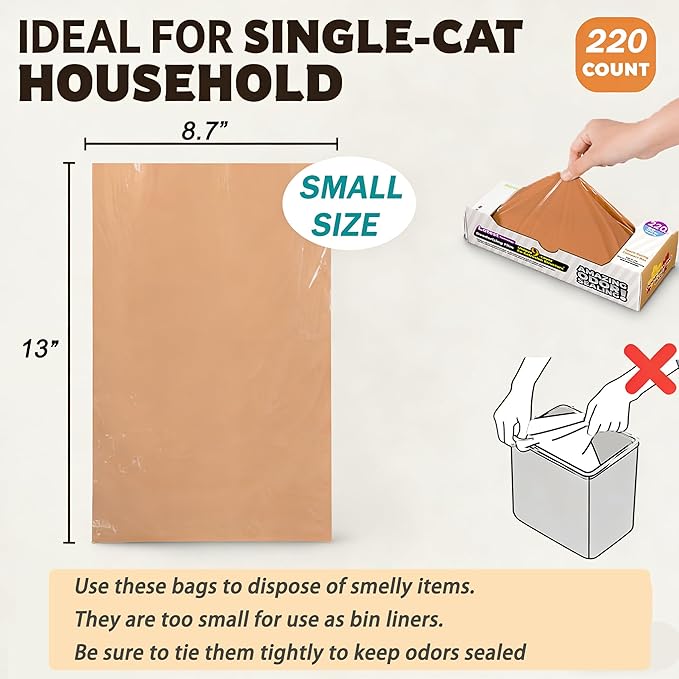 Odor-Sealing Cat Poop Bags S, 220 Count | Durable Unscented Waste Bags for Pet, Diaper, Ostomy & Food Waste Disposal (Brown)