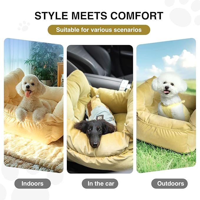 Pet Car Booster Seat, Soft Corduroy, Small Dog Cat Carrier with Safety Straps, Storage Pockets, 18x16x9 Inch, for Pets Under 25 lbs (Lemon Green)