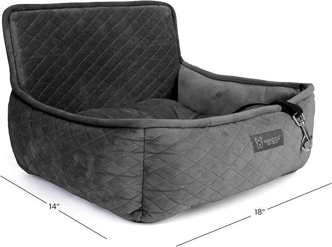 Nandog Pet Gear Luxury Dog Car Seat Bed w/Removable & Washable Pad Insert & Thick Car Seatbelt Straps - Secure, Comfortable, Easy-to-Clean Pet Carrier (Dark Grey, 18" L x 16" W in)
