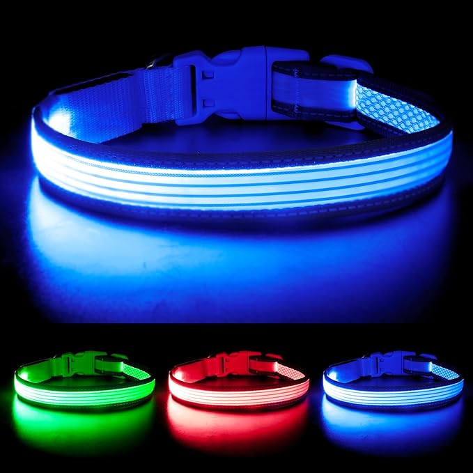 YFbrite Full Adjustbale LED Dog Collar, Full Illuminated Light up Dog Collars, Reflective Dog Collar Light Glowing in The Dark for All Dogs Safety (Medium, Blue-2)