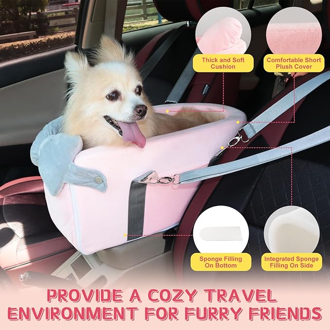 Center Console Dog Car Seat for Small Dogs Under 12lbs, Portable Middle Console Dog Booster Seat, Detachable Armrest Puppy Seat with Storage Pockets, Butterfly Pillow and Safety Leash(Pink)