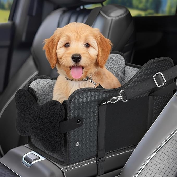 Dog Car Seat for Small/Medium Dogs Under 15 lbs with 2 Replaceable Dual-Sided Summer/Winter Cushions, Portable Booster & Pet Bed for Back & Front Seat Travel, Carrier with Leash Clip
