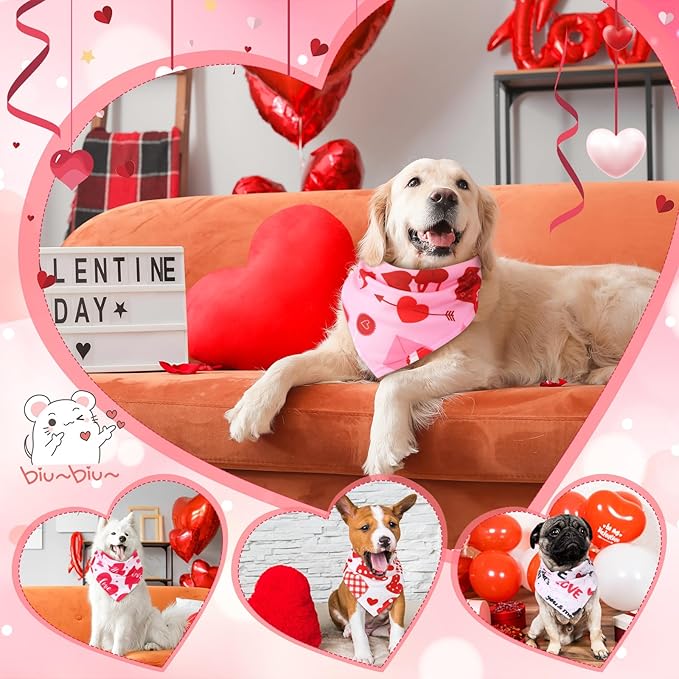 Retisee 100 Pieces Valentines Dog Bandanas Bulk Heart Puppy Bibs Triangle Dog Scarf Kerchief Set Pink Pet Bandanas for Valentines Day Pet Costume Accessories Decoration