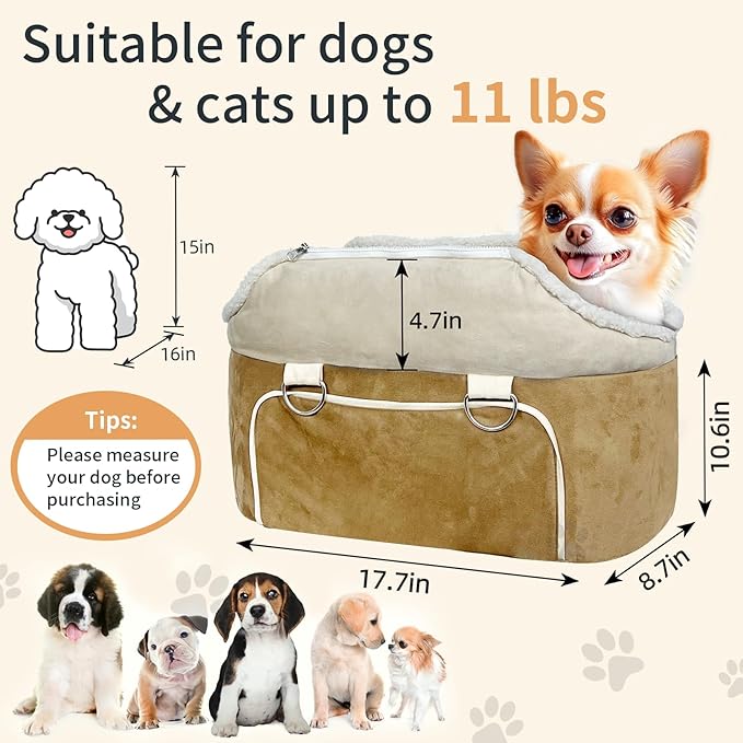 Console Dog Car Seat for Small Dogs – Portable Booster Seat with Safety Belt, Non-Slip Base, and Storage Pockets, Fits Dogs Up to 11lbs (Brown Frosted Velvet, Small)
