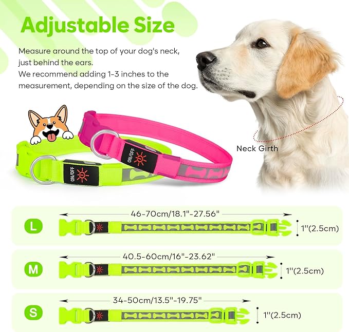 LED Dog Collar with Battery Display, Adjustable Light Up Dog Collars Rechargeable, Glowing in The Dark Reflective Light Collar Super Bright Safety Dog Light for Medium Large Small Pets (Green, S)