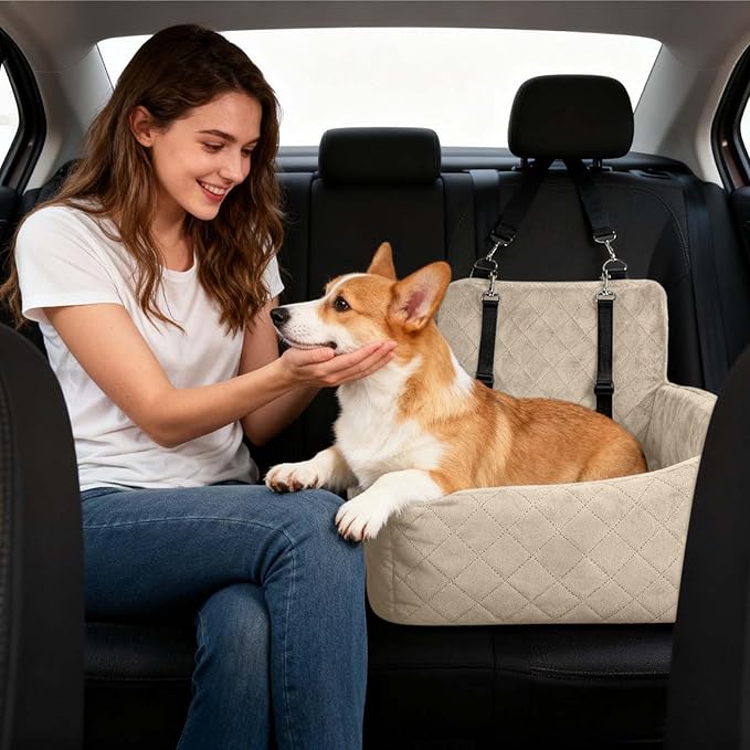 Dog Car Seats for Small Dogs, Memory Foam Dog Car Seat Medium Sized Dogs, Pet Cars Seats for Under 35lbs, Detachable Washable Pet Bag with Storage Pockets & 2 Safety Belts, Easy to Install (Beige)