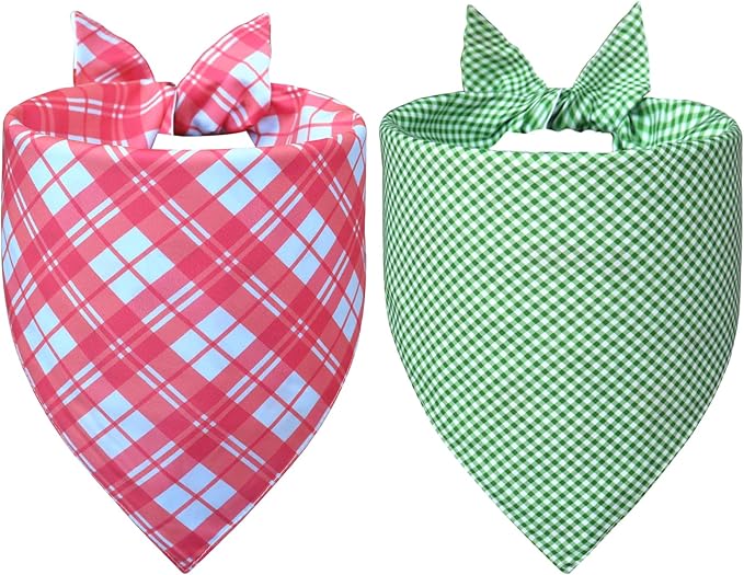 Floral Dog Bandanas 2-Pack for Large to X-Large Dogs 18-23" Neck - Reversible Plaid Scarf, Pink Green Pet Accessory for Spring Summer