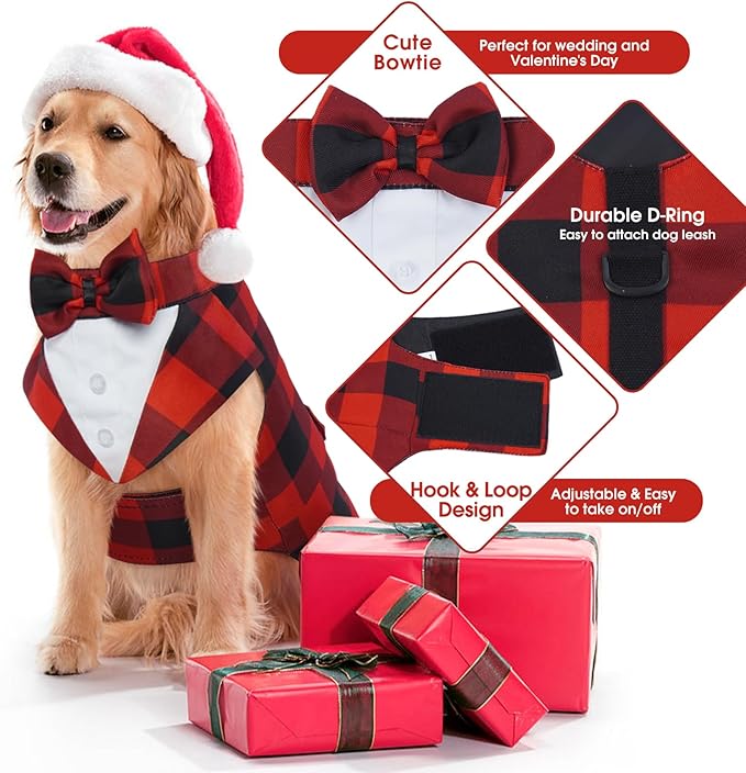 Kuoser Christmas Dog Tuxedo Dog Suit and Bandana Set, Pet Christmas Outfit Adjustable Puppy Xmas Costume with Bow Tie for Large Medium Small Dogs Golden Retriever Samo Bulldogs, Red Plaid XL