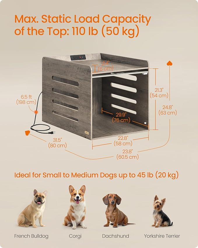 Feandrea Modern Dog Crate Furniture with Charging Station, Kennel Indoor with Flip-up Hidden Acrylic Door, for Small and Medium Dogs up to 45 lb, Side End Table, Heather Greige UPOC021G01