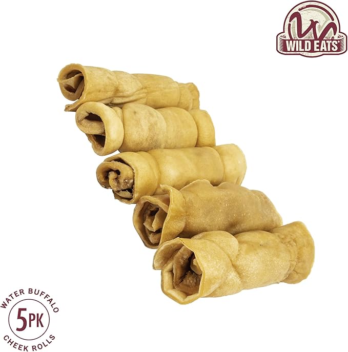 Wild Eats Water Buffalo Retriever Style Cheek Roll Dog Chews - 5 Pack (Long Lasting Chews, Treats, Bones for Aggressive Chewers & Large Dogs) Great Substitute Pig Ears Dogs