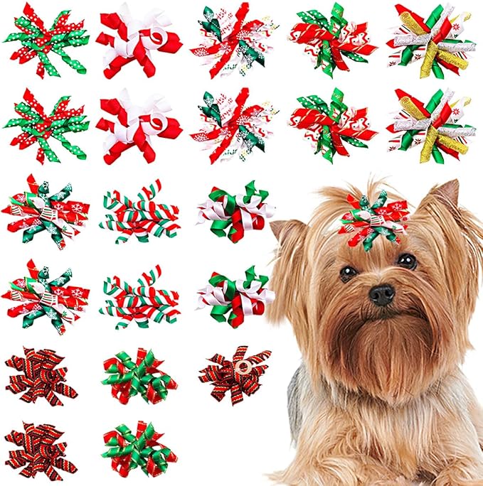 PET SHOW 20pcs/10pairs Curly Dog Hair Bows with Rubber Bands for Small Medium Dogs Spiral Puppy Swirl Topknot Cat Festival Hair Accessories Pet Favor Gift (Christmas Styles)