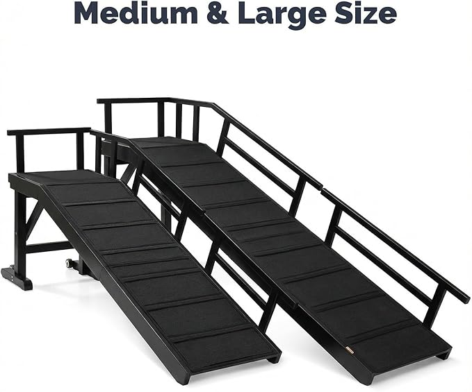 Dog Ramp for Bed or Couch, Wooden Pet Ramp with 20° Gentle Slope, Removable Side Rails, Non-Slip Surface, Top Platform & Wheels, Safe Bed Ramp for Small, Medium & Senior Dogs, 74" Long, Black