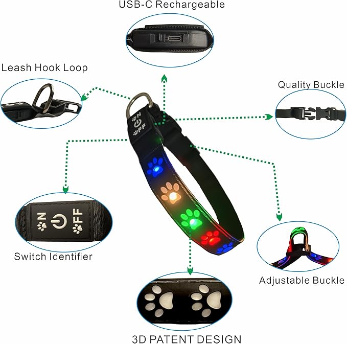 Dog Collar with Lights, 15 Lighting Modes Silicone Pet Collar, USB C Rechargeable LED Dog Collar for Night Safety, Adjustable Soft Glowing Collar for Dogs (PW-Black Pro, XS(7.87-11.8"))