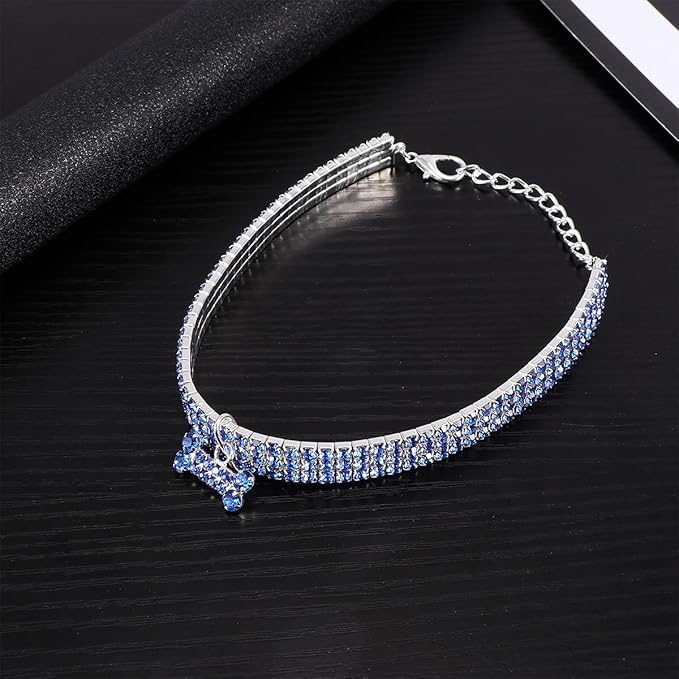 DOITOOL Rhinestone Dog Collar with Blue Crystal Mini Bone Pendant, Adjustable Small Size Luxury Pet Collar for Dogs, Sturdy Chain Necklace for Pet Supplies