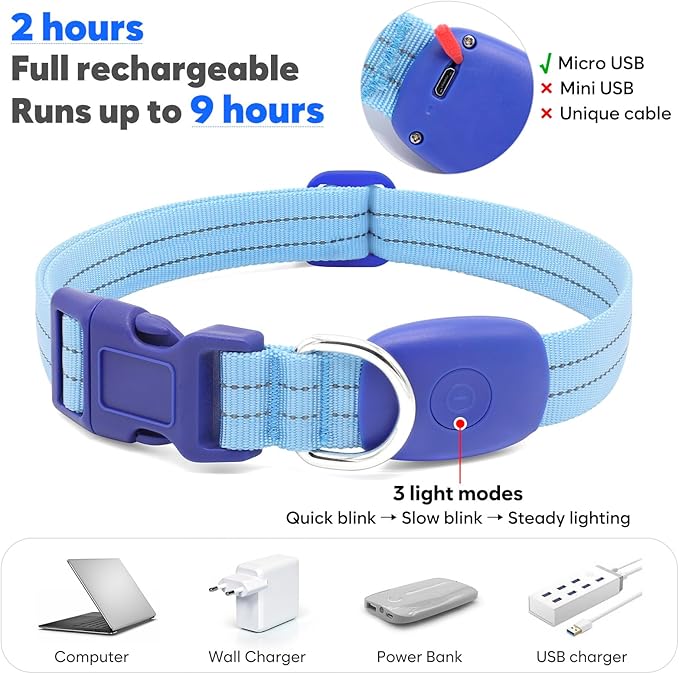 Light Up Dog Collars Rechargeable, Reflective LED Glow Dark Dog Collar for Small Medium Large Dogs, Adjustable Pet Dog Lights for Safe Night Walk-Blue, Large