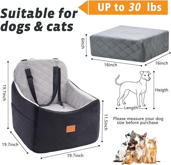 Dog Car Seat for Small/Medium Dog/Cat up to 30 lbs Memory Foam Pet Booster Seat with Detachable Washable Cover Travel-Safe Car Bed with Safety Belt/Storage Pockets Easy to Install