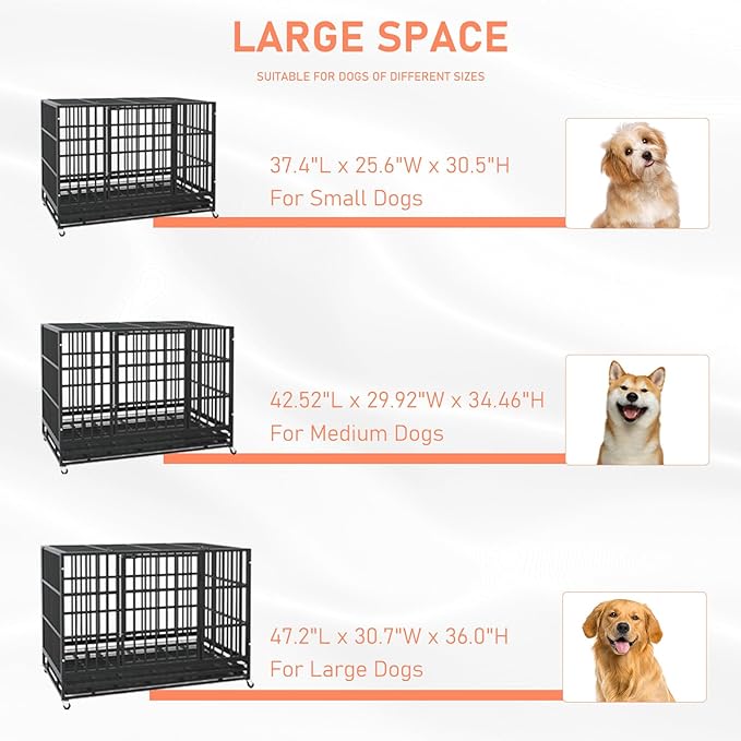 LEMBERI 48/42/38 Inch Heavy Duty Indestructible Dog Crate, Escape Proof Double Door Dog Kennel with Lockable Wheels, High Anxiety Extra Large Dog Cage Indoor Use, with Removable Tray