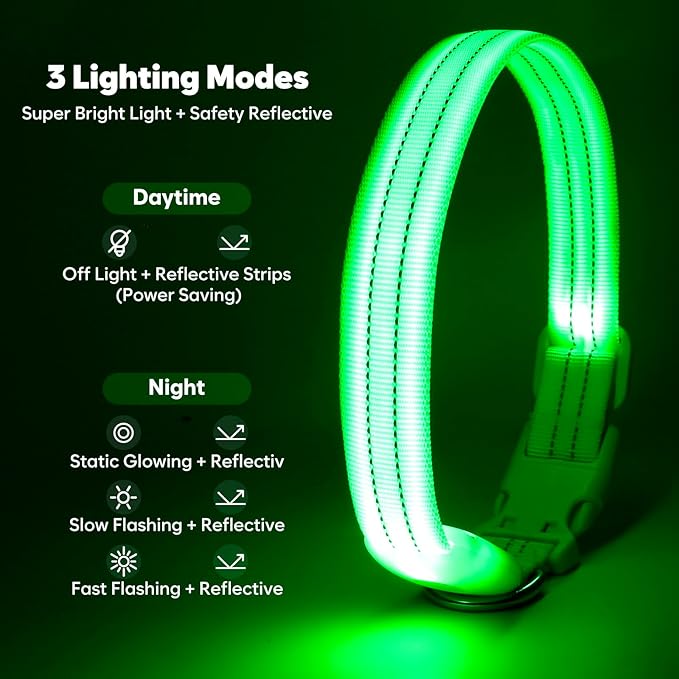 LED Lighted Reflective Dog Collar for Night Safety, USB Rechargeable, Glow Collar for Dogs, Waterproof Adjustable Flashing (Green, Large)