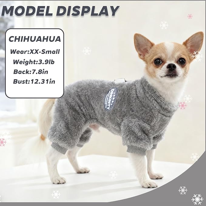 Fleece Dog Pajamas Winter Warm Dog Sweater for Small Dogs Thermal Soft Puppy Pjs Coat Stretchy Jumpsuit Doggie Pet Clothes Outfits Cat Apparel (Grey, Small)
