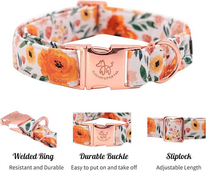 Elegant Little Tail Fall Dog Collar - Durable Orange Floral Dog Collar for Medium Dogs, Adjustable for Male or Female Pets - Perfect
