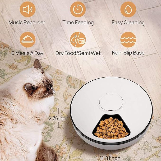 Automatic Cat Feeder Auto Cat Food Dispenser Smart Cat Feeder for Dogs, Cats & Small Animals W/Programmable Timer with 6 Meals Suitable Wet & Dry Food with Voice Reminder