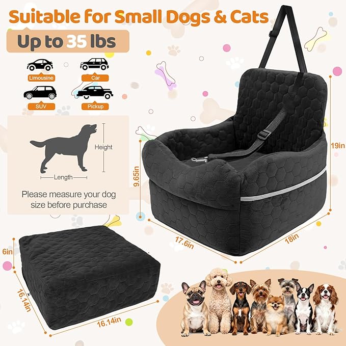 Dog Car Seat for Small/Medium Dogs - Puppy Car Seat Under 35 lbs with Thick Elevated Cushion & Safety Belt for Travel - Detachable & Washable Dog Booster Seat with 2 Sides Storage Pockets(Black)